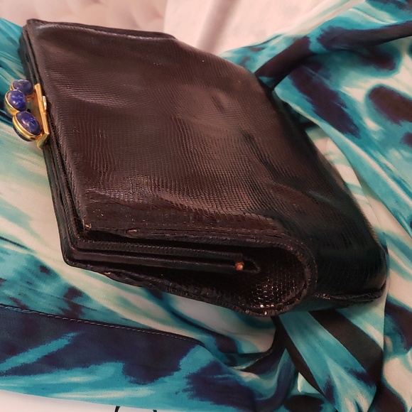 Gucci Vintage Rare Black Lizzard LAPIS STONE Beads Shoulder Clutch Bag GORGEOUS! - Picture 7 of 15